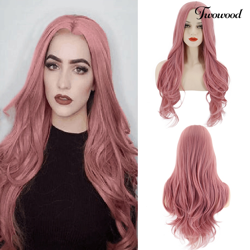 Twowood Wanita Tahan Panas Panjang Keriting Rambut Orange Pink Pesta Wig Ekstensi Sopak