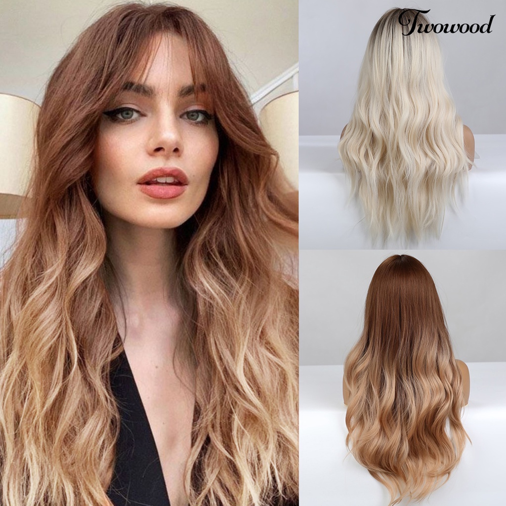 Twowood Wig Gelombang Panjang Efek Gradien Ekstensi Rambut Ringan Wanita Tahan Panas Wig Cosplay Serat Warna-Warni Untuk Perempuan