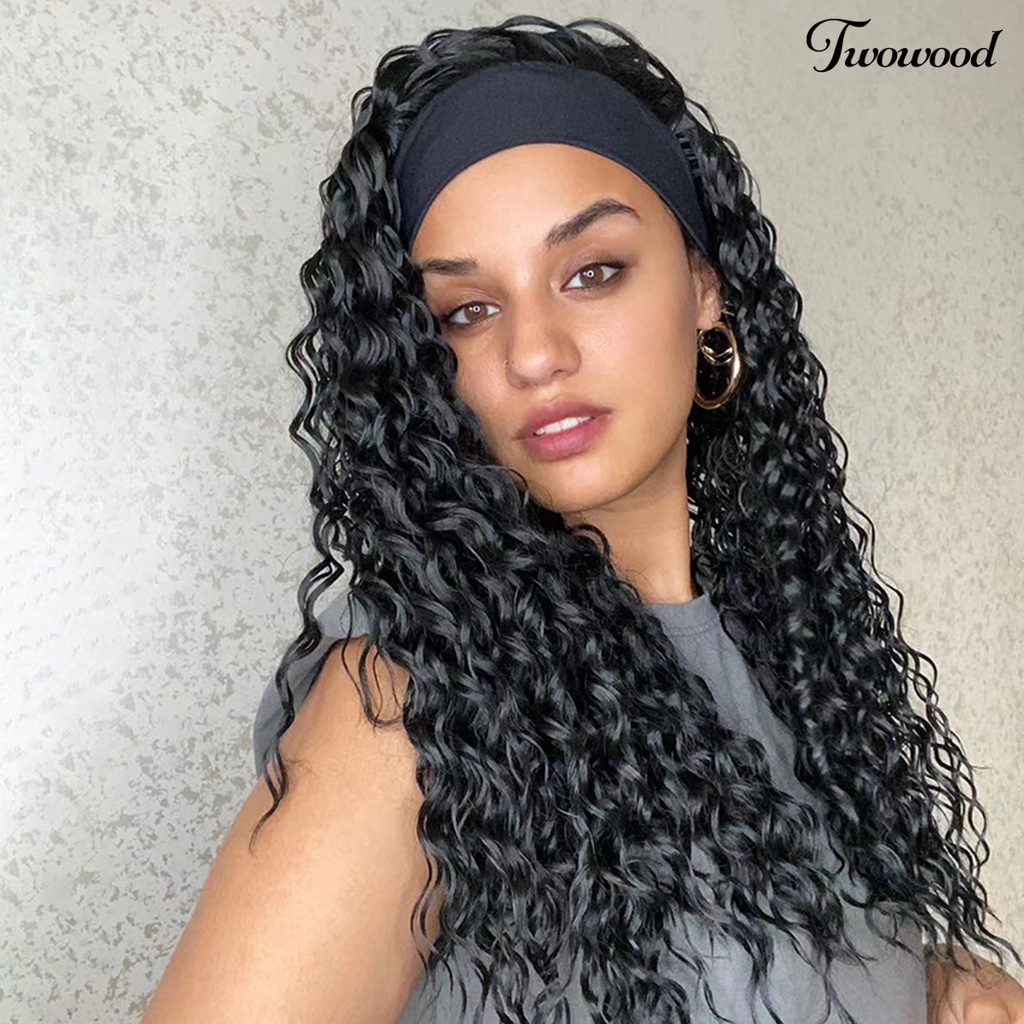 Twowood 24-Inch Wanita Wig Berbulu Tidak Menumpahkan Non-Tangle Ringan Tahan Sobek Gaya Rambut Dekorasi Warna Hitam Air Keriting Bando Rambut Manusia Wig Untuk Club