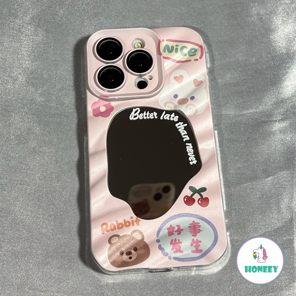 Fashion Makeup Cermin 3D Beruang Lucu Bunny Case Untuk iPhone 14 Pro Max13 12 Pro Max11 Pola Kerut Lembut Shockproof Penutup Belakang