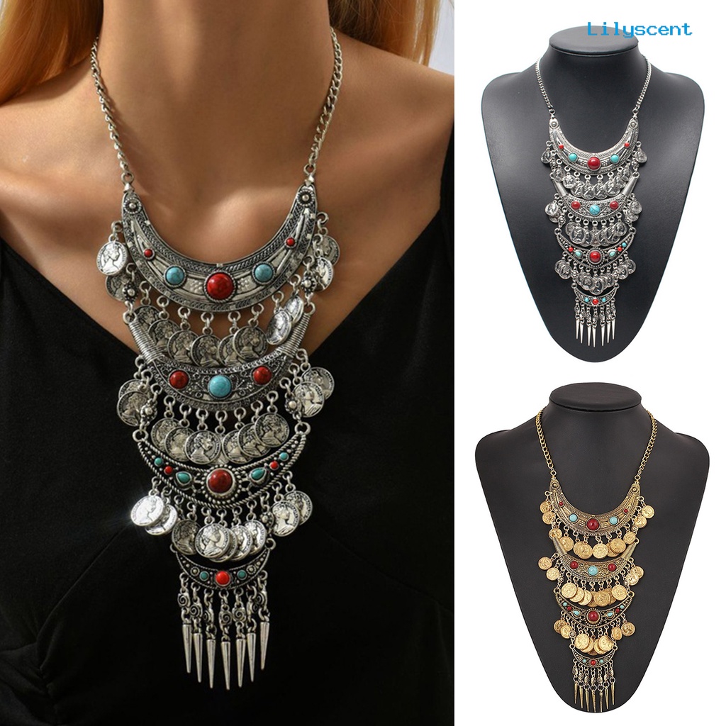 [LS]Stat Kalung Berlebihan Putaran s Jumbai Berwarna Turquoise Layered Hadiah Hypoallergenic Vintage Etnik Wanita Kalung Fashion Perhiasan