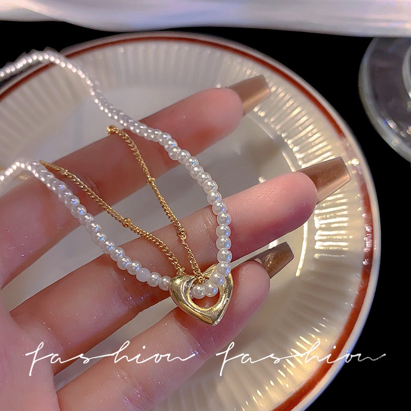 Vintage Double Layered Heart Pearl Necklace Korea Manis Emas Jantung Klavikula Rantai Kalung Aksesoris Fashion Baru