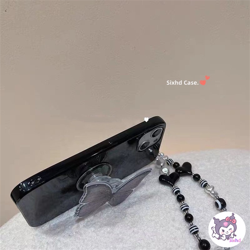 IPHONE Kompatibel Untuk Iphone14 13 12 11 Pro Max SE2020 X Xr Xs Max8 7 Plus Gaya Baru Ins Fashion Hitam Butterfly Phone Case +Lanyard +Bracket Lembut Anti Jatuh Pelindung TPU Cover