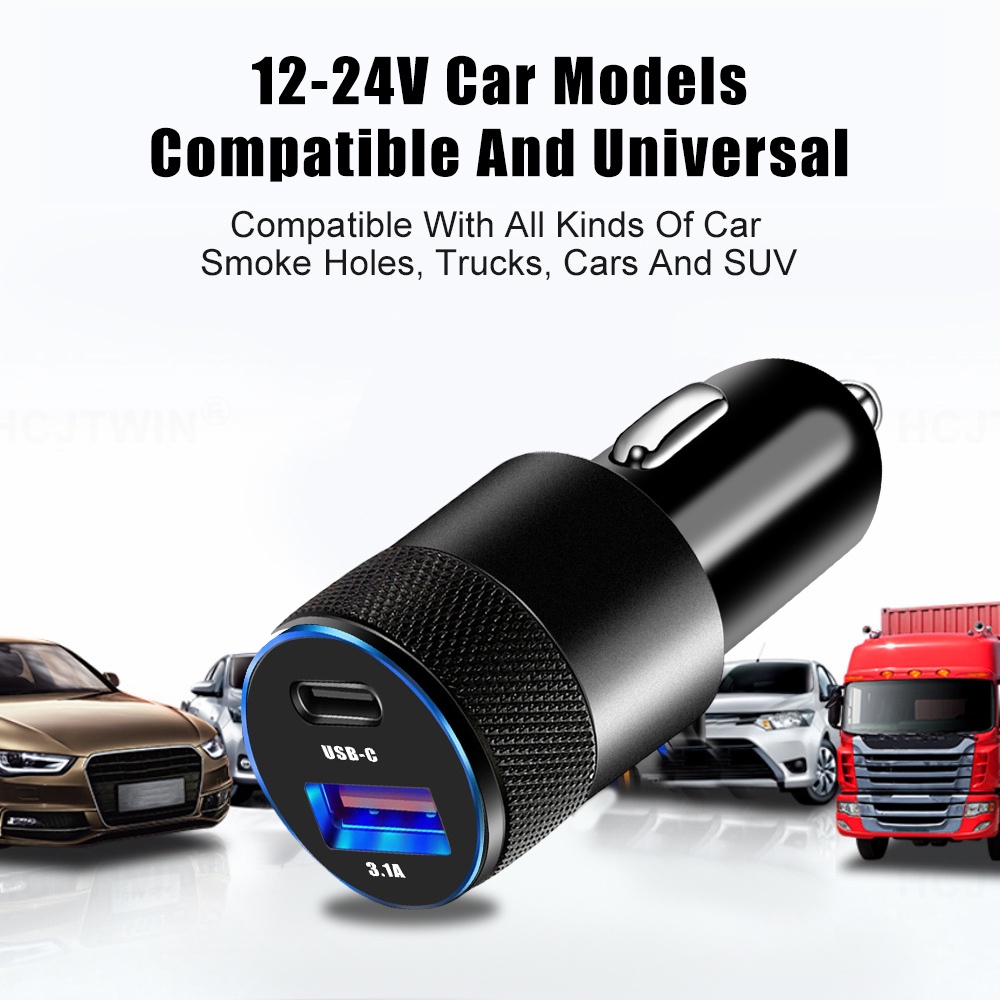 3.1a 15/38W Dual Ports Car Quick Charger Type-C USB Adaptor Ponsel QC3.0 USB +PD Fast Charger Hitam Paduan Aluminium Charger Aksesoris Interior Mobil