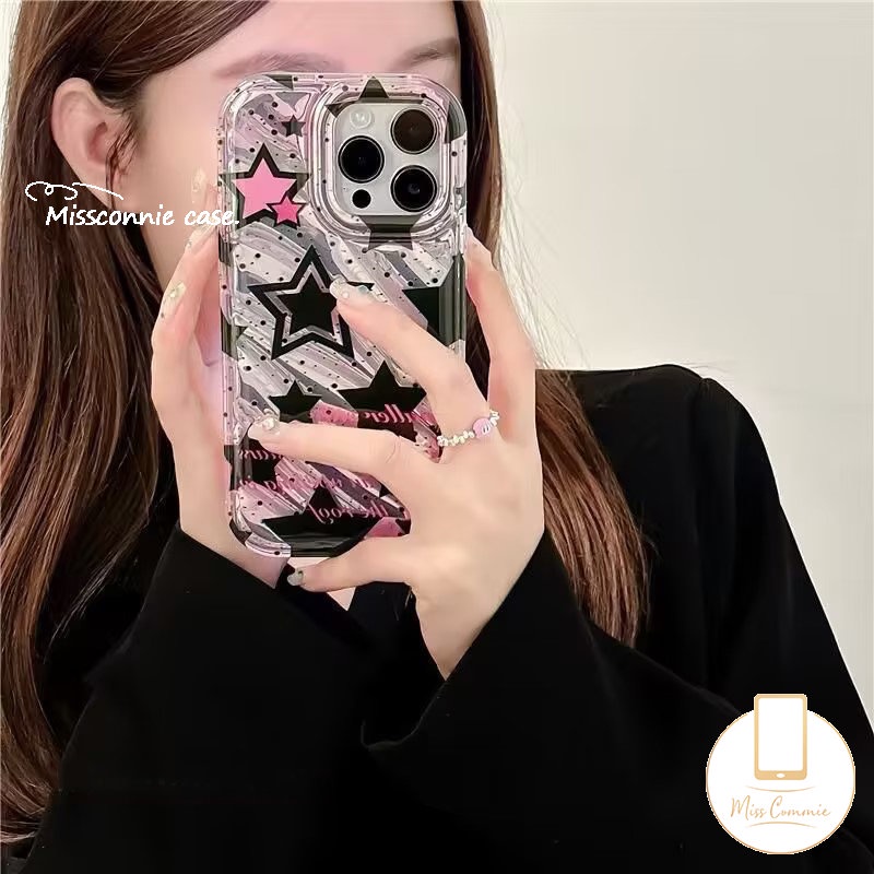 IPHONE Casing Kertas Kartu Laser Bintang Berujung Lima Hitam Ungu Kompatibel Untuk Iphone11 13 14 12 Pro MAX 7Plus 8Plus 6 6S 7 8 Plus XR X XS MAX SE 2020lembut 3D Bergelombang Melengkung Mewah Back Cover