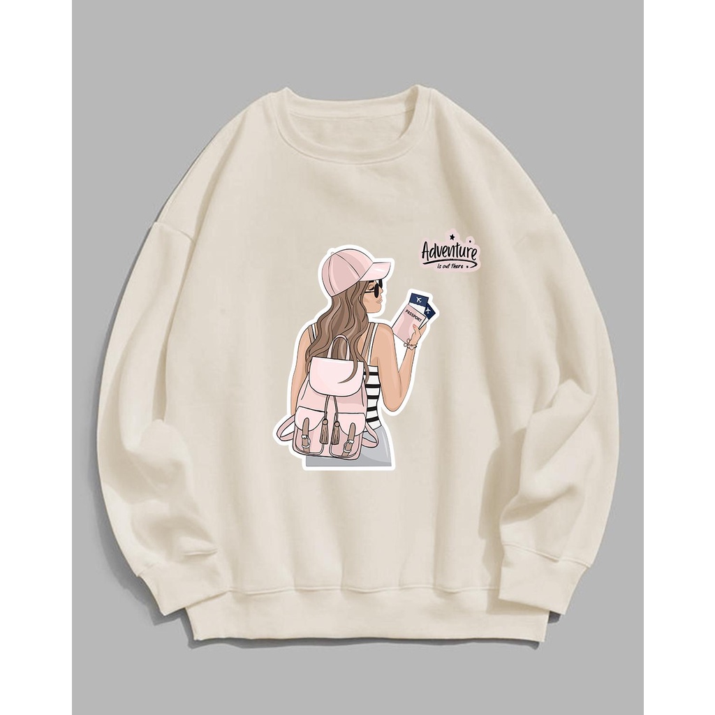 Sweater wanita Adventure Girl crewneck fleece oblong  sablon basic  oversize  tangan  panjang