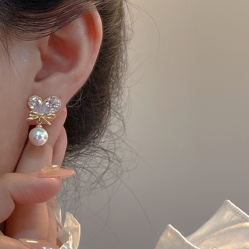 Anting Mutiara Hati Zirkon Gaya Korea Untuk Wanita Vintage Anting Drop Busur Emas Mewah2023Perhiasan Baru