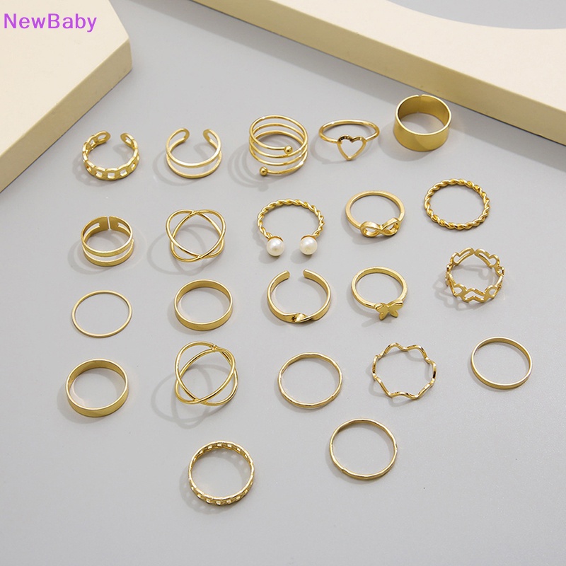 Newbaby 22pcs Set Vintage Berongga Hati Kupu-Kupu Cincin Set Untuk Wanita Logam Warna Perak Geometris Bentuk Spiral Cincin rendy Jewelry ID