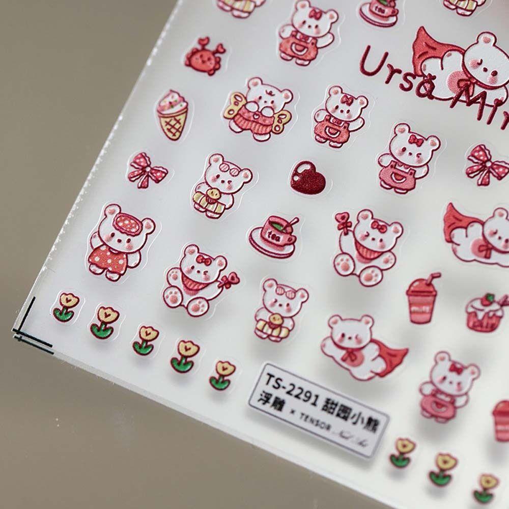 AUGUSTINA Agustina Stiker Kuku Lucu Relief Cinta Hati Manicure Kartun Beruang Dekorasi Kuku Untuk Wanita