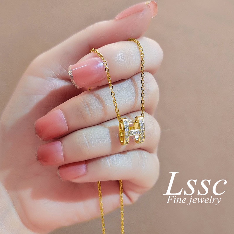 Kalung Titanium Huruf H Berlian Emas 18K Anti Karat Aesthetic Cantik Korea Aksesoris Wanita Perhiasan
