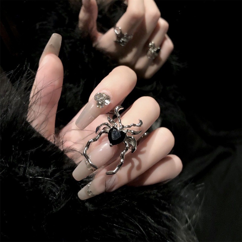 Gothic Gelap Kristal Spider Rings/Retro Punk Spiderweb Finger Ring/Vintage Adjustable Open Ring/Perhiasan Hip Hop Pribadi/Aksesoris Kostum Halloween