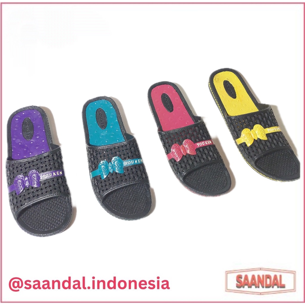 Sandal Selop Karet Hitam Youken Wanita Motif Pita Anti-Licin