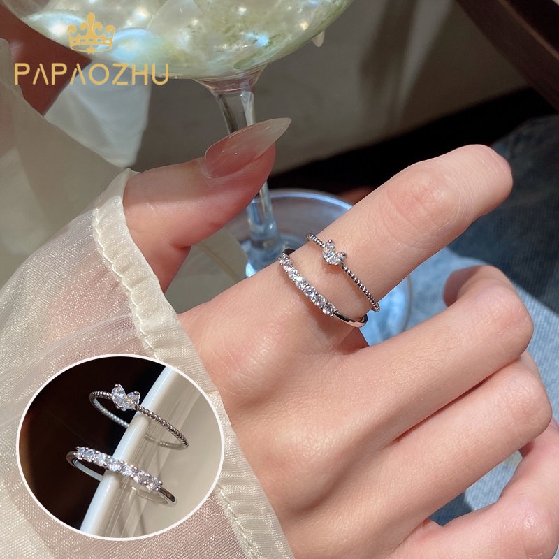 Papaozhu Chic Perak Bersinar Manik-Manik Kristal Cinta Hati Cincin Untuk Wanita Perempuan Mewah Berkilauan Peach Jari Manset Rings Engagement Finger Accessories