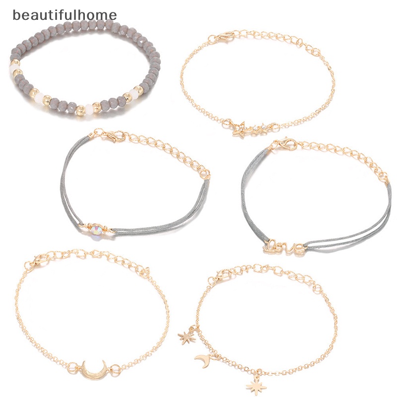 {beautifulhome} 6pcs /set Bohemian Wanita Jumbai Daun Rantai Melingkar Bangle Jewelry.