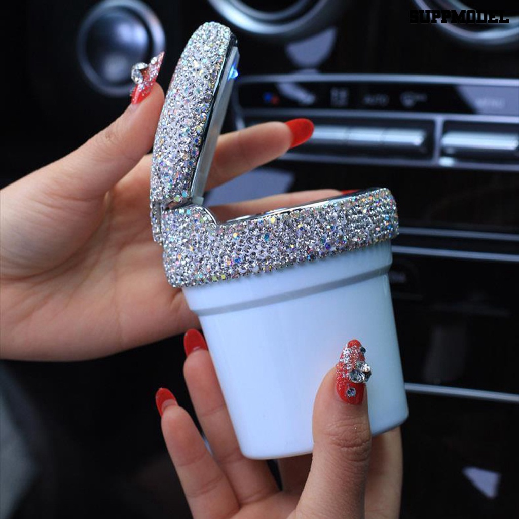 [SM] Car Ash Tray with Lid LED Blue Light Odor Proof less Mini Rhinestone Tanam Tempat Tong Sampah Otomatis Aksesoris Interior Mobil