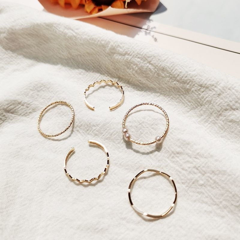 [F4] Cincin NADINE MUTIARA 5 Set Fashion (Set ring) Korean version of simple personality wild geometric pearl ring 5pcs / Set Cincin Gelang Mutiara Gaya Korea Minimalis Elegan