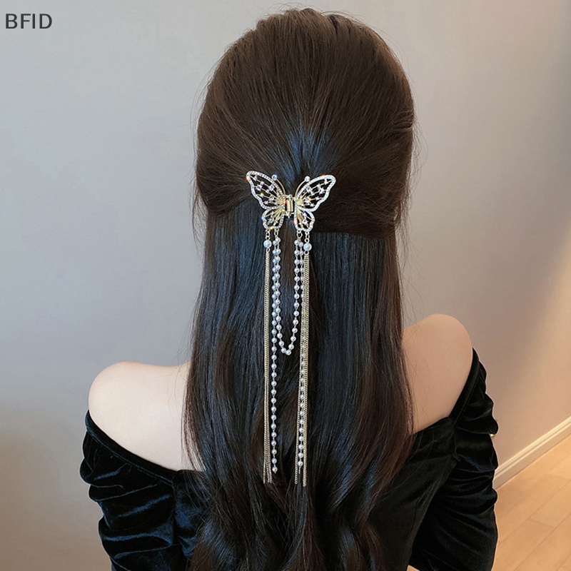 [BFID] Mutiara Rumbai Kupu-Kupu Rambut Cakar Vintage Panjang Liontin Rambut Klip Hiu Klip Hiasan Kepala Claw Clip Fashion Gadis Aksesoris Rambut [ID]