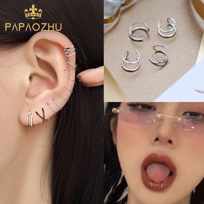 Papaozhu 1PC Bergaya Stainless Steel Clip-on Cuff Anting Untuk Wanita Pria Unisex Non Piercing Geometris Hidung Mulut Cincin Minimalis Salib Garis Ganda Tulang Rawan Klip Anting Perhiasan