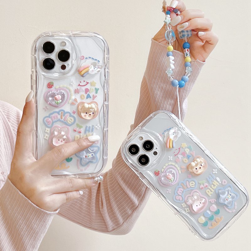 3D Clear Crystal Hand Made Diy Cute Cream Rabbit Bear Flower Soft Case IPhone 11 12 13 14 Pro Max New Apple for Women Girls Gift Bracelet Airbag Case