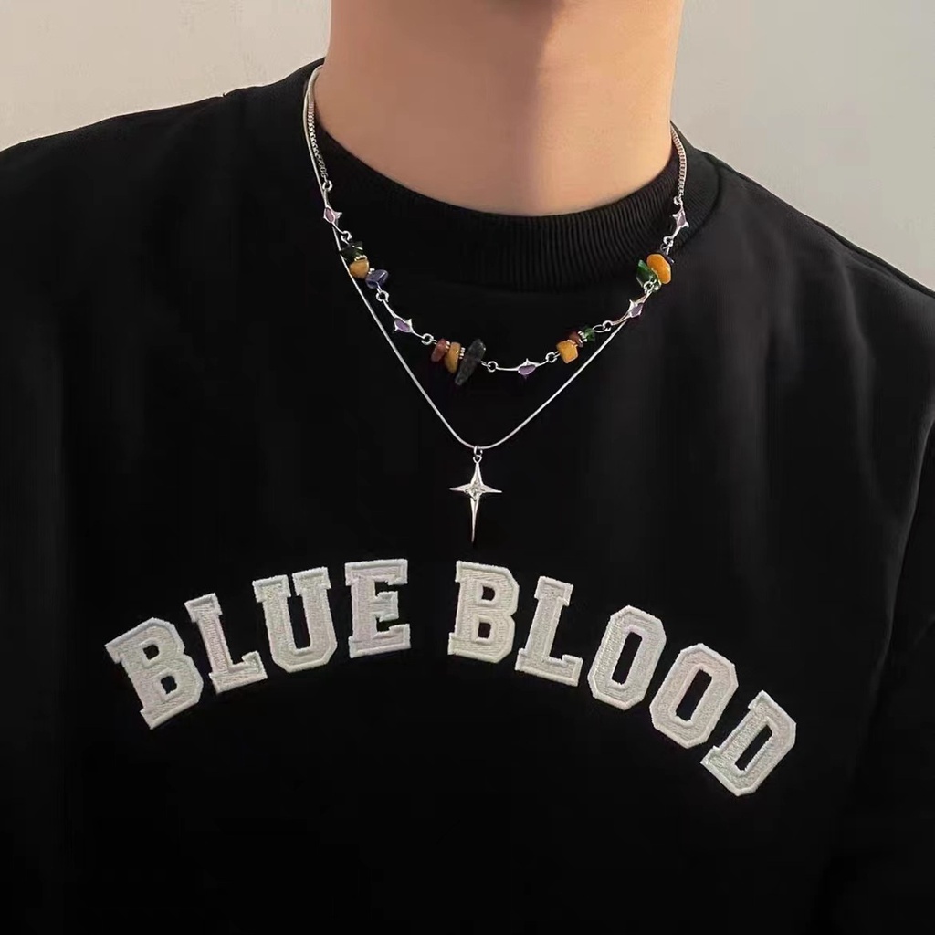 Kalung Pria Liontin Salib Kerikil Ganda Warna, Kalung Rantai Pria Keren Hip Hop Ganda