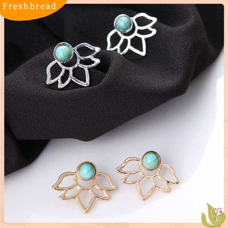 [FRA] Eropa Dan Amerika retro turquoise lotus petal Berongga Daun Anting earrings