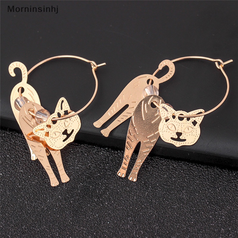 Mornin Lingkaran Emas Hewan Kucing Liontin Anting Mutiara Kait Drop Menjuntai Earrings Perhiasan id