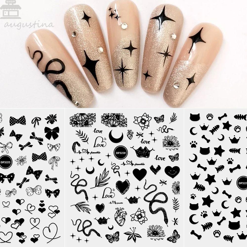 AUGUSTINA Agustin 3D Stiker Kuku Daun Cinta Manis Hati Bunga Slider Ular DIY Nail Art Decals