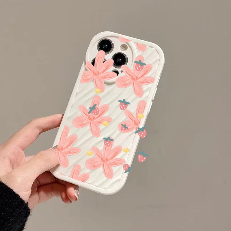 IPHONE Lukisan Strawberry Bunga Pink Riak Air Casing Ponsel Kompatibel Untuk Iphone11 13 12 14 Pro Max14 Plus XR X XS MAX 7Plus 8Plus 7 8 SE 2020 2022 Sarung Tahan Guncangan