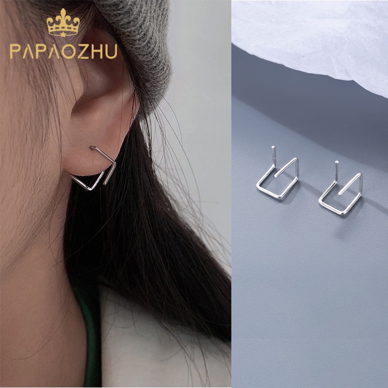 Papaozhu Punk s925 Perak 3D Kubus Garis Geometris Stud Anting-Anting Untuk Wanita Perempuan Keren Fashion Ditindik Anting-Anting Bergaya Telinga Perhiasan