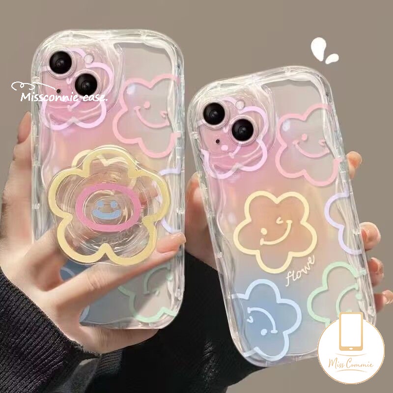 Untuk Realme C55 C25Y C31 C25 C53 5 9i 6i 7i 5i 5s C20 C20A C25s C21Y C12 C1 C33 C15 C35 C21 C17 C30 Colorful Graffiti Smiley Fresh Flowers Holder Bracket 3D Wavy Curved Edge Case