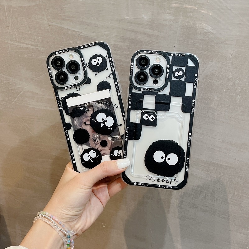 IPHONE Casing Ponsel Desain Lengan Kartu Untuk Iphone14 13 12 11 Pro Max X XR XS Max Kartun Bola Batu Bara Transparan Soft Case