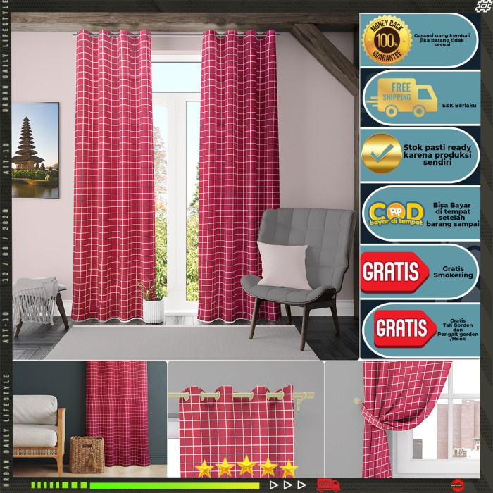 Gorden minimalis smokering Katun Free Tali&amp;hook ukuran TINGGI 225CM