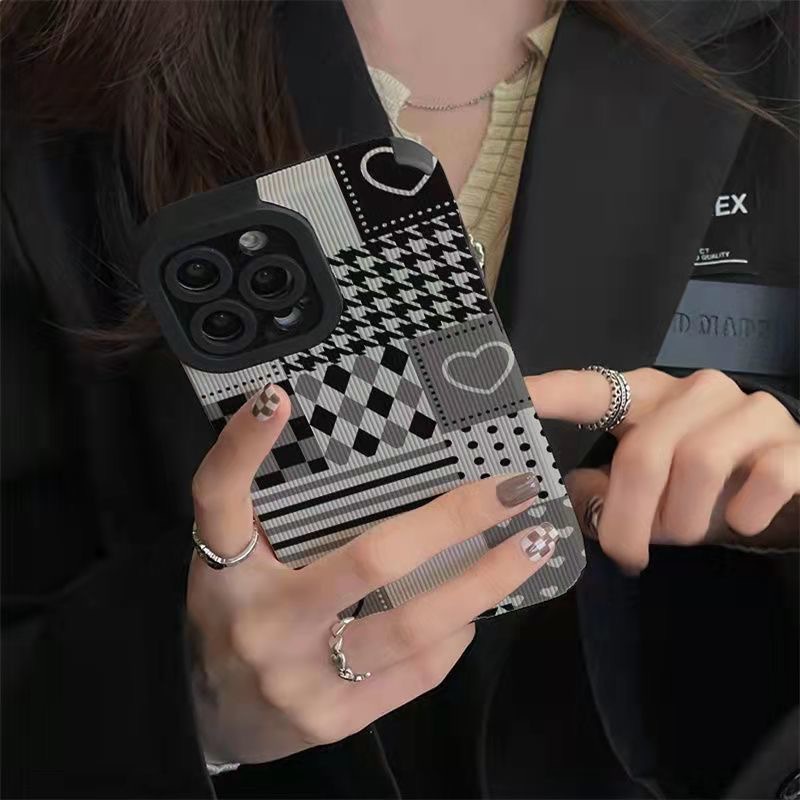 【Lamb Skin】SoftCase for IPhone 6S 7 Plus 8 Plus X XS XR XS Max 11 13 12 14 PRO Max 14 Plus 12 13 MINI Phone Case Grey Houndstooth Grid for girl Missconnie case