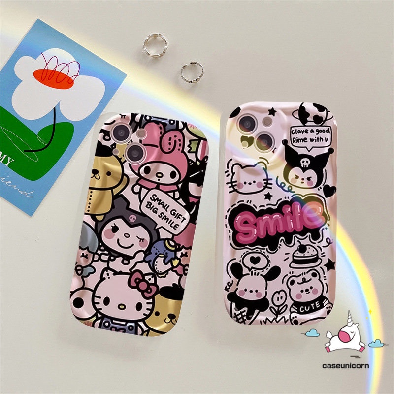 IPHONE Casing Kartun Hello Kitty Cute Kulomi 3D Wavy Curved Edge Case Kompatibel Untuk Iphone7 8 6 6s Plus 13 11 12 14 Pro Max XR X 7Plus XS Max SE 2020 Shockproof Doodle Comic English Soft Case