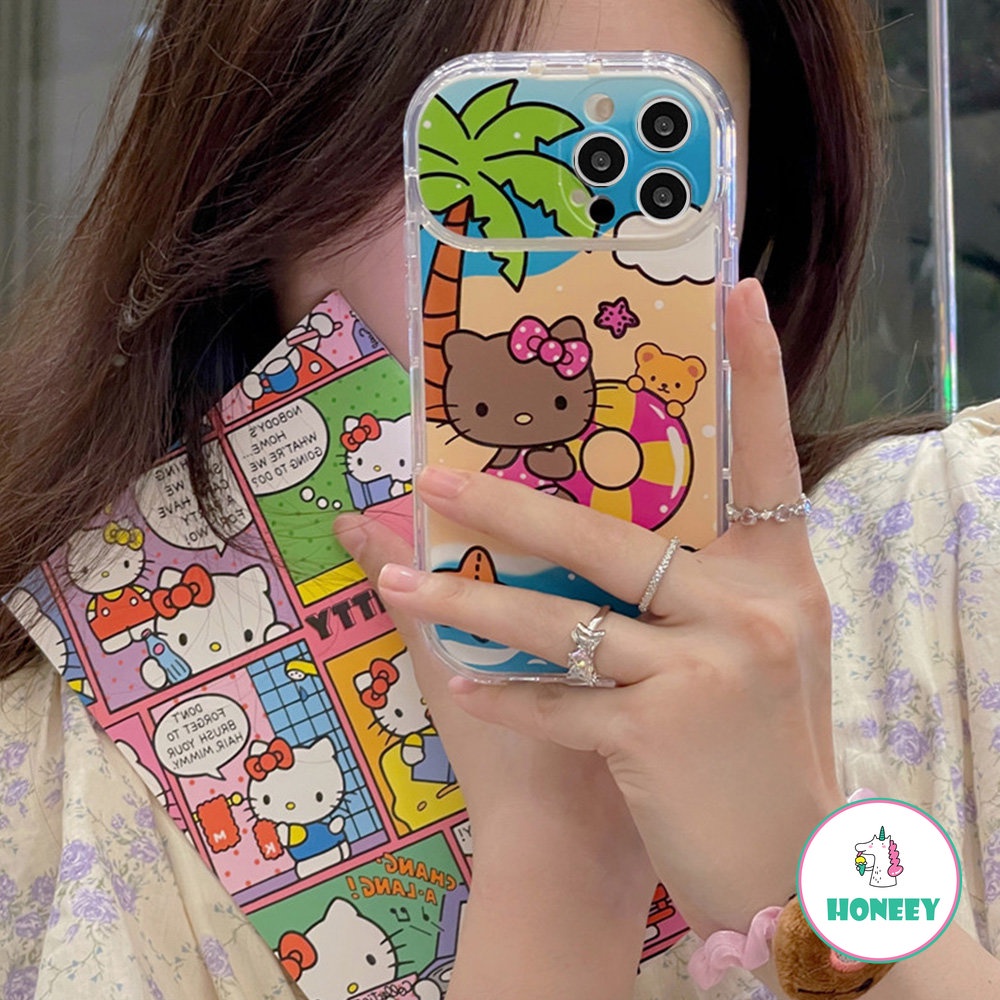 IPHONE Musim Panas Pantai Kitty Flip Mirror Phone Case Kompatibel Untuk Iphone14 Pro 13 12 Pro Max Case Iphone11Tempat Sederhana Shockproof Back Cover