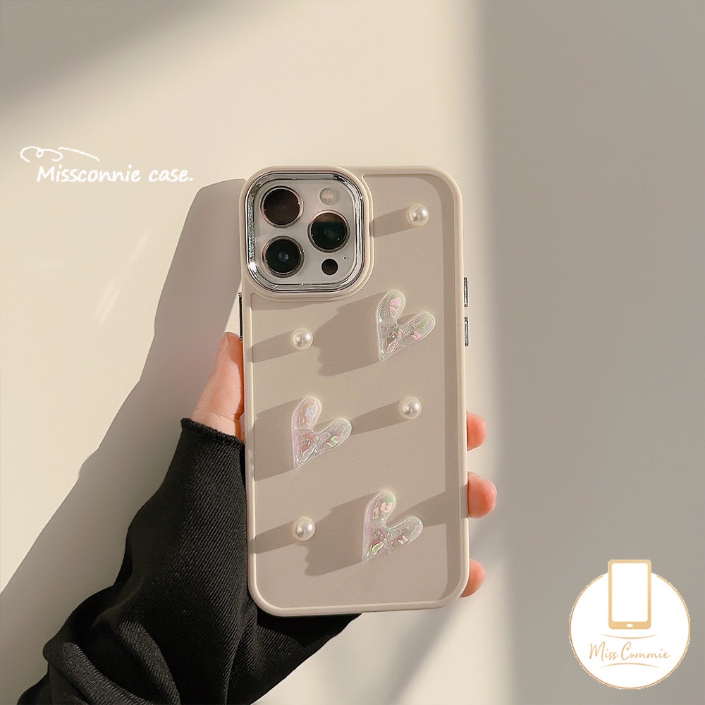 Simple Solid Color Case Compatible for IPhone 11 14 13 12 Pro Max 7plus X XR 7 8 Plus XS MAX Luxury Plating Metal Lens Frame Cover with 3D Cream White Pearl Love Heart Accessories