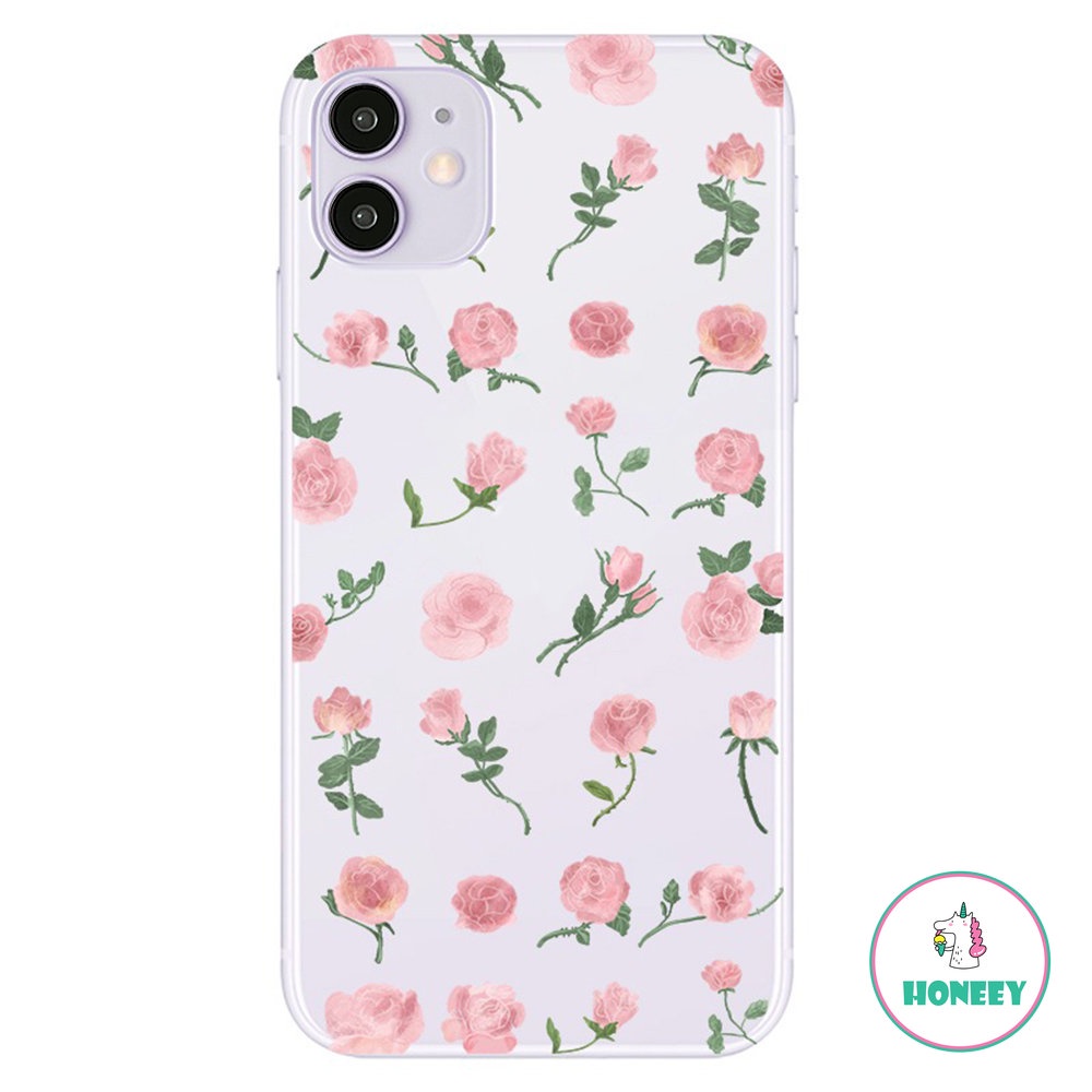 IPHONE Casing Ponsel Motif Bening Lembut Kompatibel Untuk Iphone11 14 Pro Max12 13 X XR XS Max7 8 Plus Cangkang Pelindung Bunga Mawar Pink