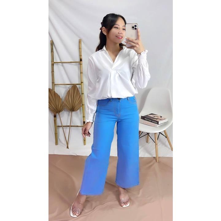 KEMEJA WANITA KEKINIAN ZS 1002 KARA V-Neck KEMEJA CEWEK LENGAN PANJANG OVERSIZE Polos Katun Santai JUMBO