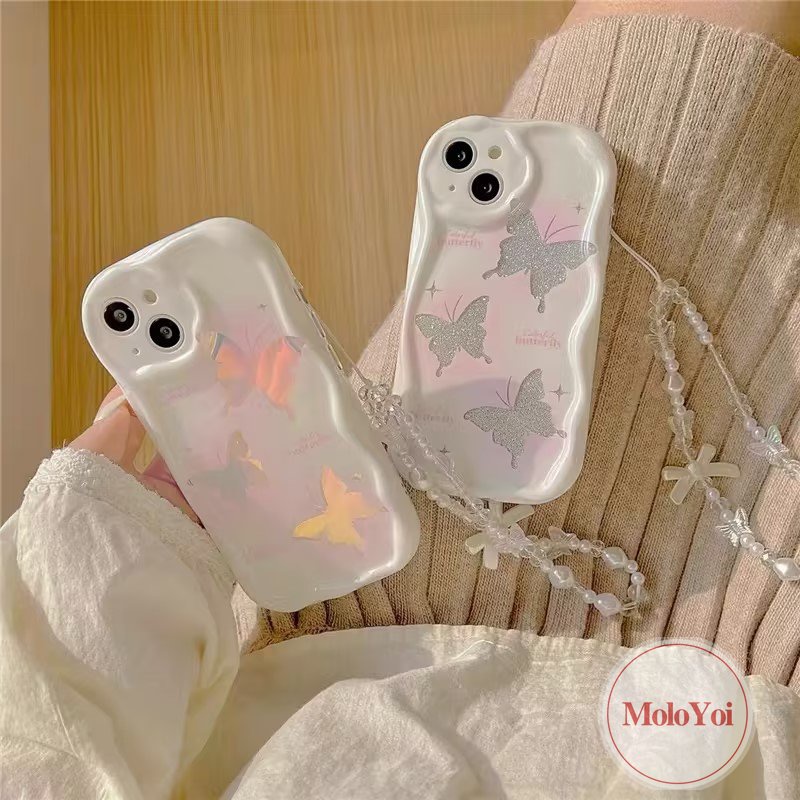 3D Wavy Curved Edge Case Compatible for IPhone 7 6s 6 8 Plus 11 12 14 13 Pro Max XR XS X Max SE 2020 INS Korean Glitter Fantasy Butterfly Case with Pearl Chain Lanyard Cover