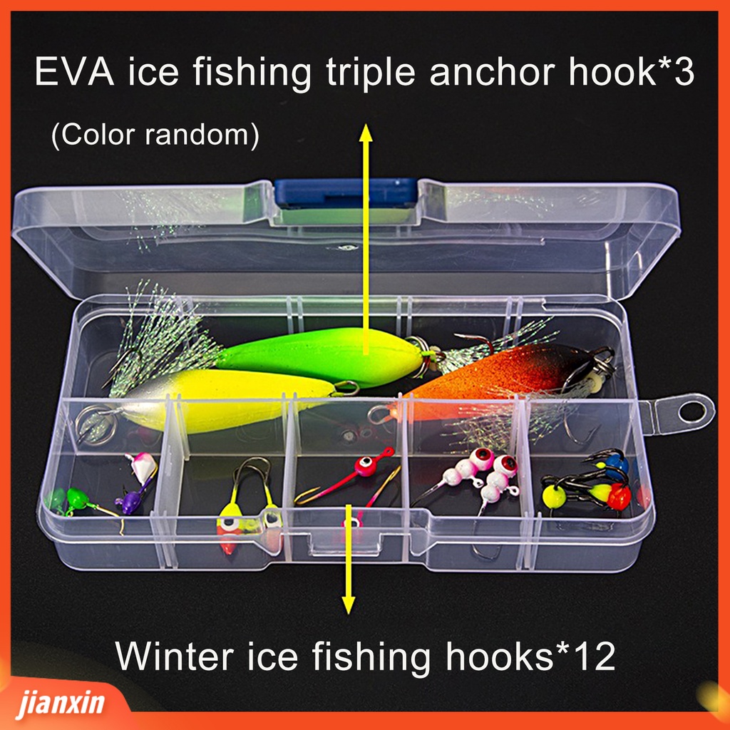 (In Stock) 1kotak Jig Pancing Es Kekuatan Baik Portabel Tahan Lama Penembus Kuat Tajam Angling Baja Karbon Tinggi Memancing Es Warna-Warni Memimpin Kepala Kait Kombinasi Untuk Danau