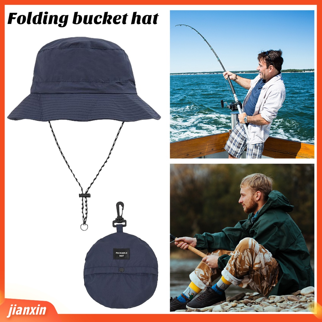 (In Stock) Topi Bucket Lipat Dengan Tali Dagu Yang Dapat Disesuaikan Tahan Air Cepat Kering Topi Matahari Wanita Pria Hiking Topi Perjalanan Aksesoris Luar Ruangan