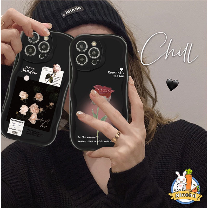 IPHONE Art Rose Flower Splicing Label Phone Case Kompatibel Untuk Iphone14 13 12 11 Pro Max X Xr Xs Max 8 7 6 6s Plus SE 2020hitam Silikon Shockproof Bumper Tepi Melengkung Soft Case Cover