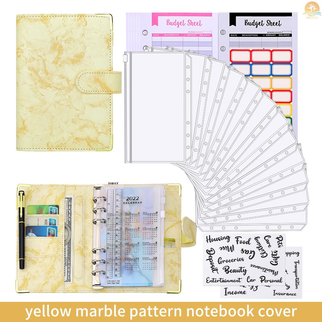 In Stock A6 Pengikat Budget Motif Tekstur Marmer PU Leather Notebook Cover Zipper Amplop Label Stiker Penggaris Digunakan Sebagai Sistem Organizer Uang Tagihan Money Card Saving Planner