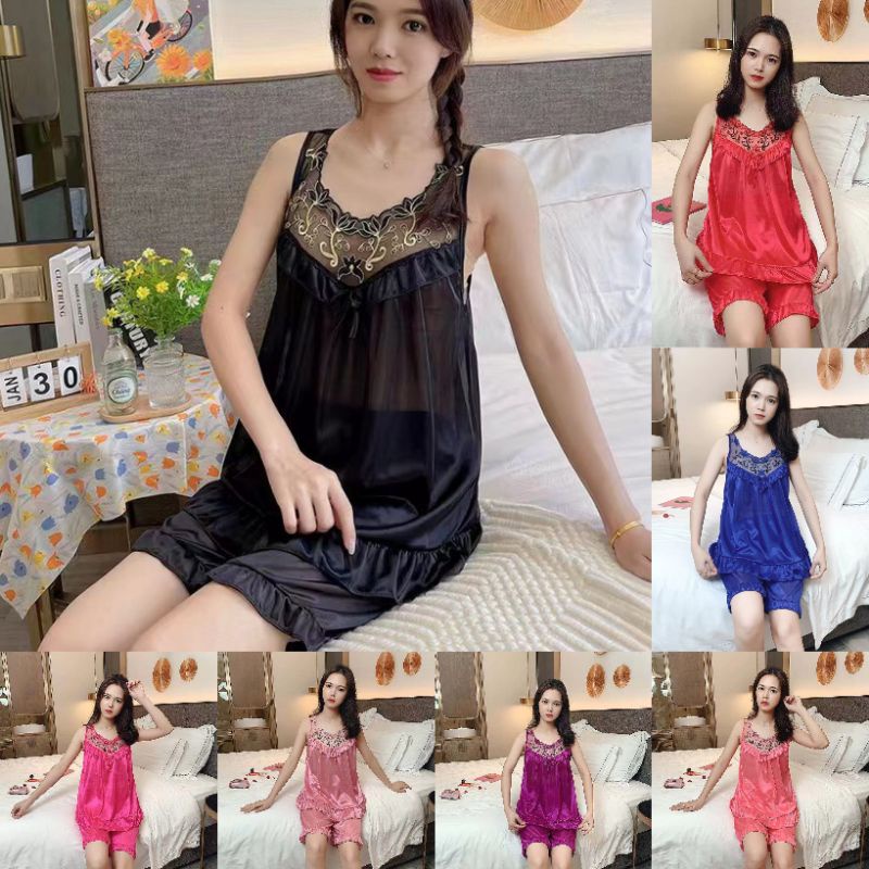 Baju Tidur Wanita Dewasa Piyama Seksi Celana Pendek Satin Tricot Import Murah Hp Sexy Hot