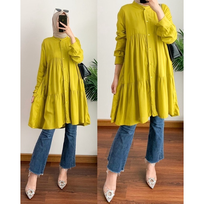 Midi Dress Tunik Muslim Polos Lengan Panjang