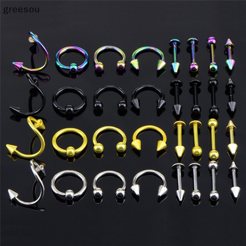 Greesou 16PCS /Set Cincin Bar Lidah Perut Spiral Stainless Steel Perhiasan Alis ID