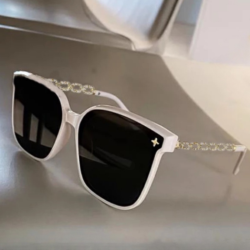We Flower Chic Shining Sequin Link Rantai Frame Over Sized Sunglasses Untuk Wanita Pria Trendy Shades Anti-Radiasi Eyewear