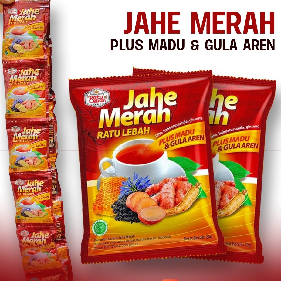 

ORIGINAL [ 12 sachet ] Jahe Merah Super Ratu Lebah plus Madu - Jahe Merah Murni plus Sambiloto Gula Aren 1 renceng