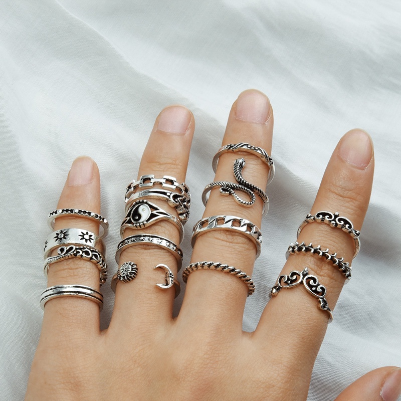 16pcs/set Cincin Pola Tai Chi Ular Antik Yang Dipersonalisasi/Embossed Totem Geometri Alloy Finger Rings