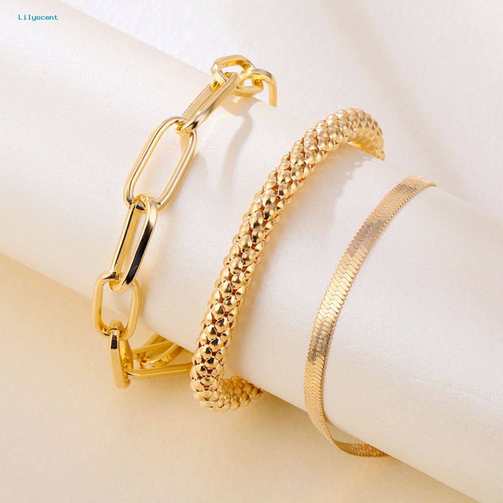 Lilyscent 3Pcs Temperamen Chic Gelang Untuk Pernikahan Electroplating Tiga Lapisan Gelang Multilayer